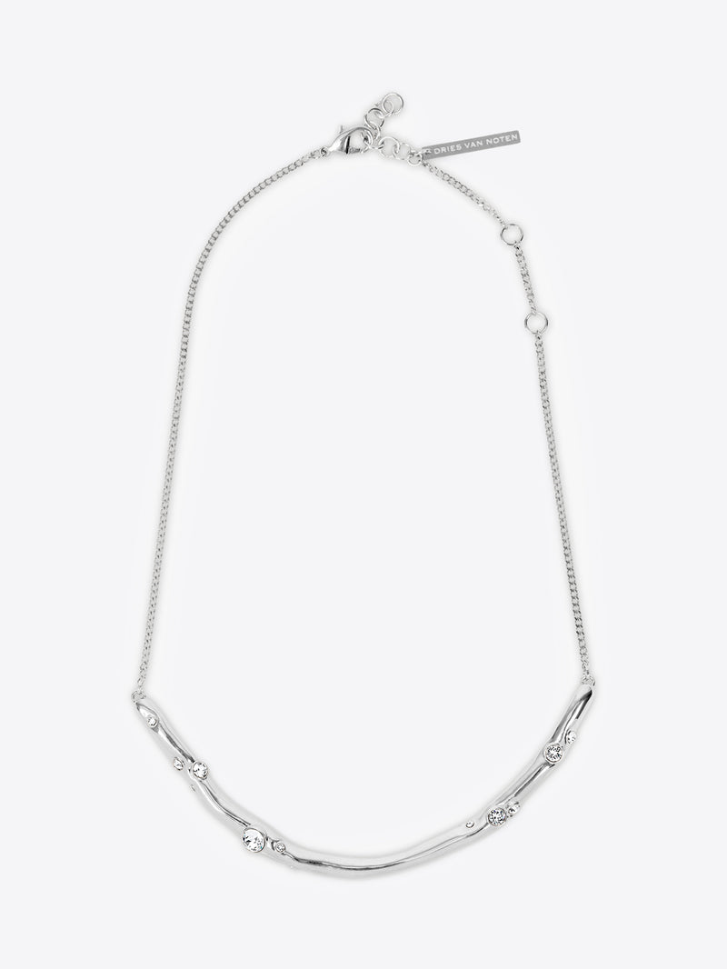 Silver necklace with small round stones on a white background