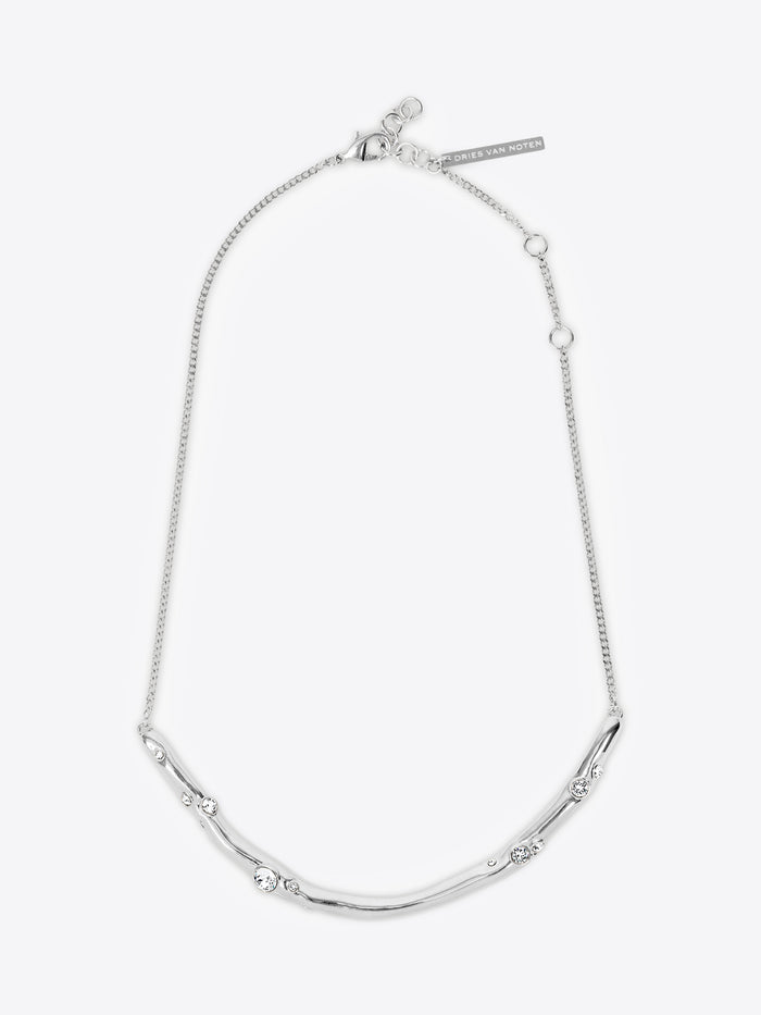 Silver necklace with small round stones on a white background