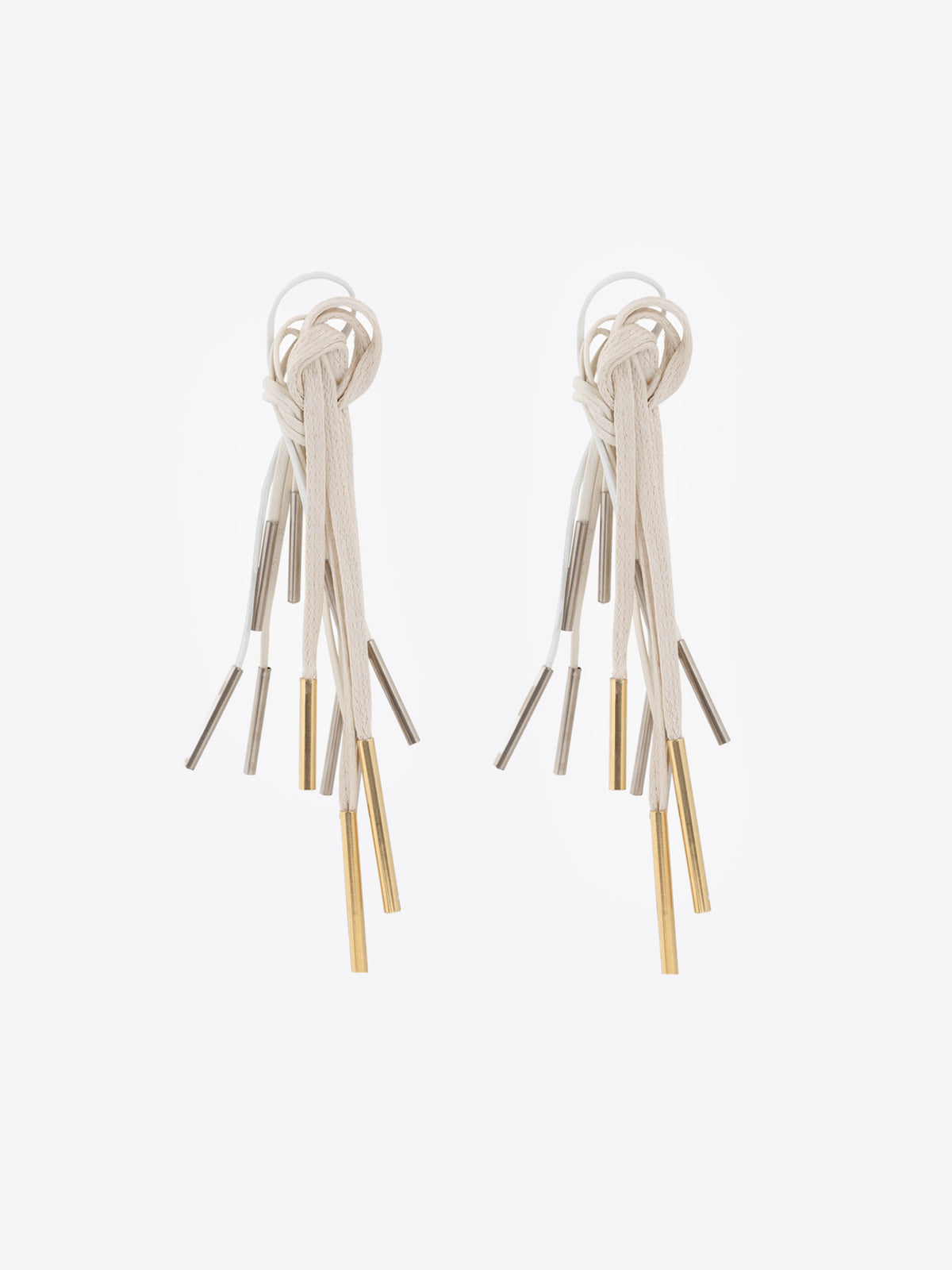 Pair of earrings with multiple dangling strands on a white background