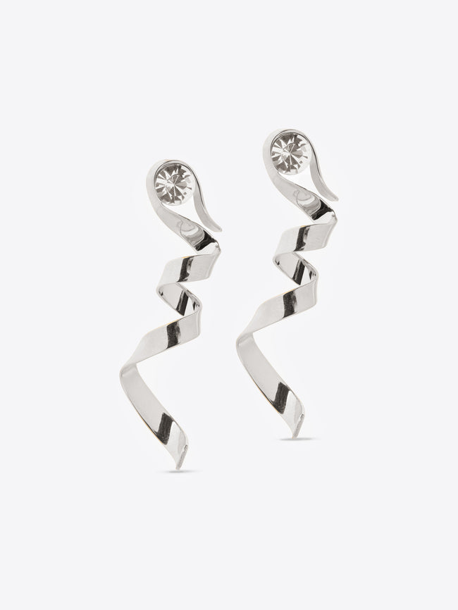 Silver spiral stud earrings on a white background