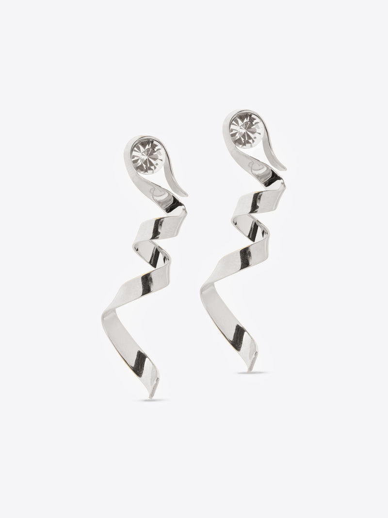 Silver spiral stud earrings on a white background