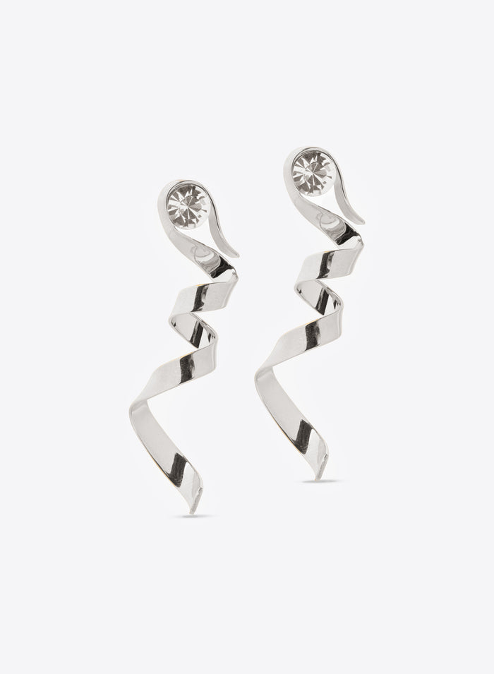 Silver spiral stud earrings on a white background