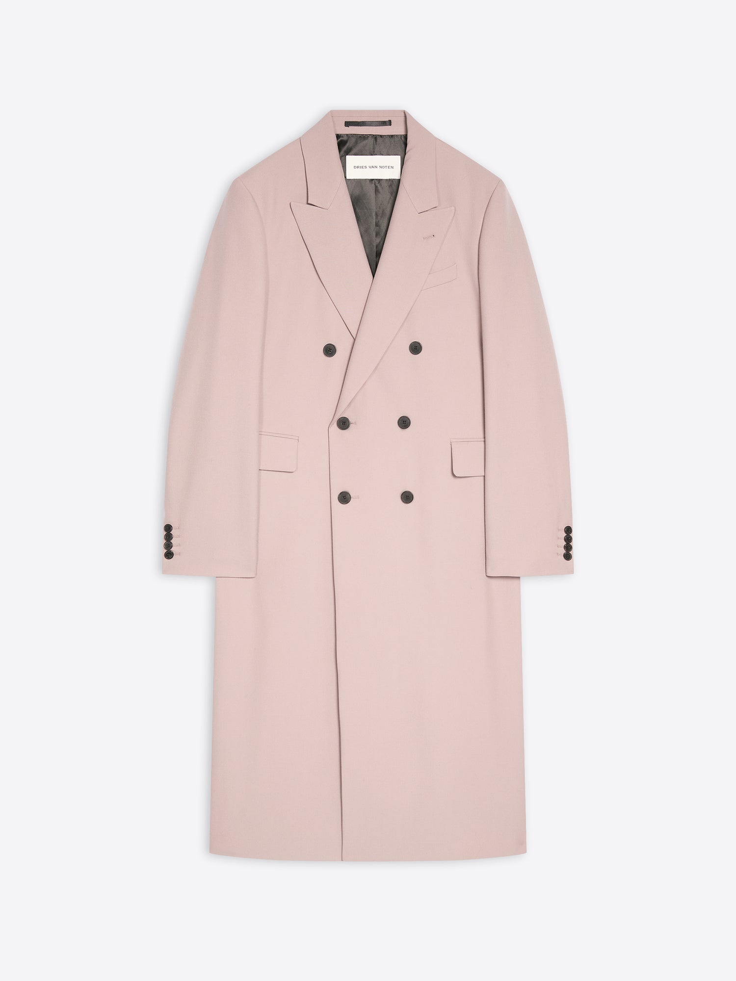 Lilac overcoat with black buttons on a white background