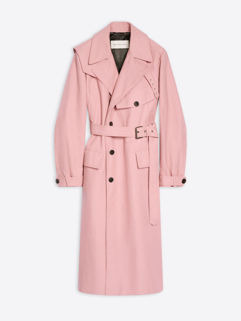 Rose colored cotton trench coat on a white background