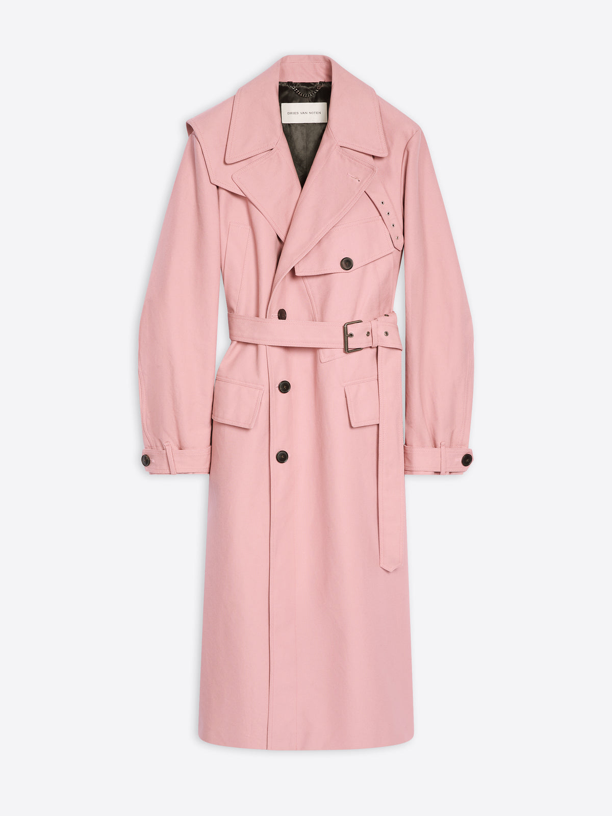 Rose colored cotton trench coat on a white background
