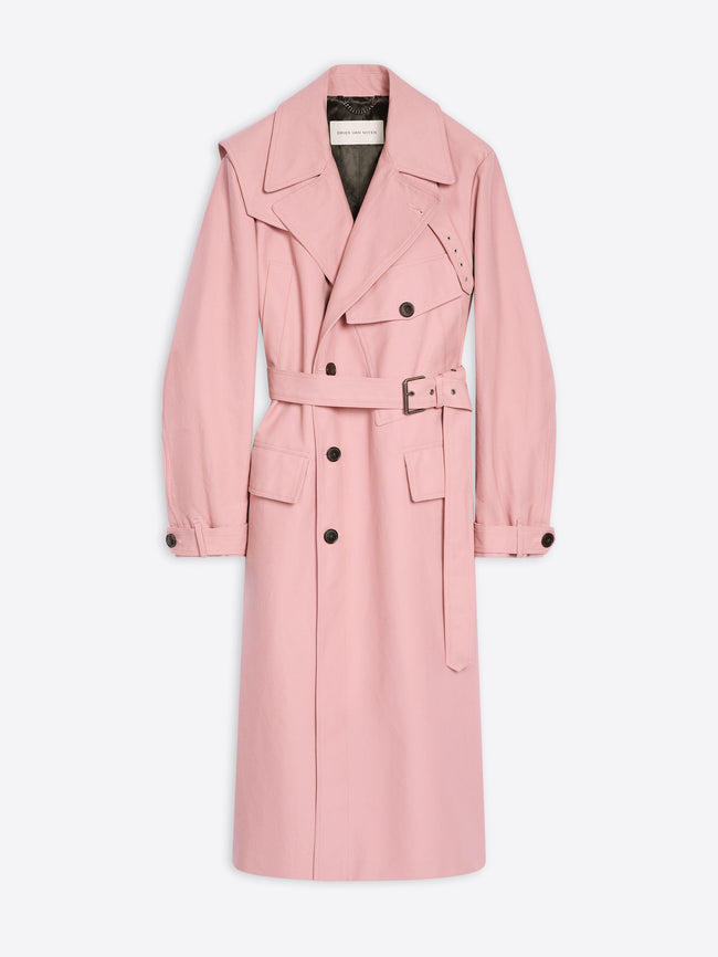 Rose colored cotton trench coat on a white background