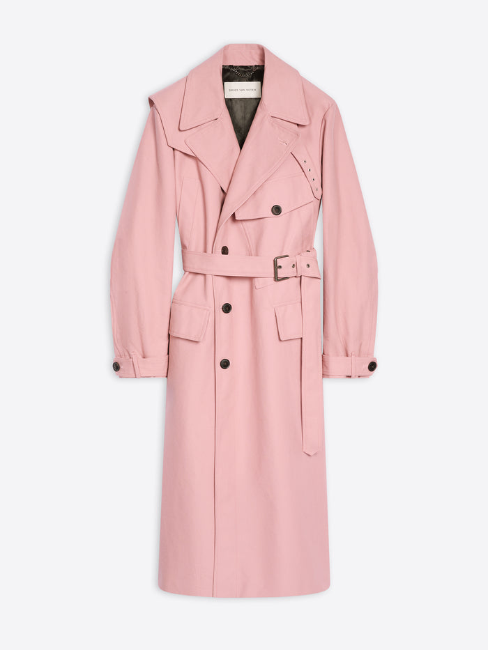 Rose colored cotton trench coat on a white background