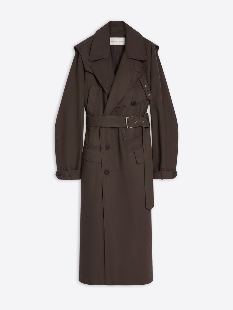Brown, overdyed trench coat on a white background