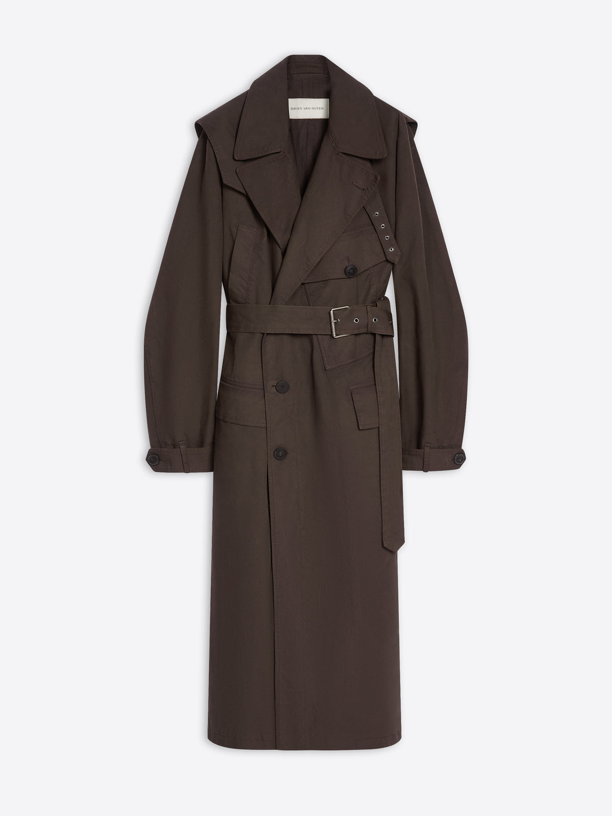 Brown, overdyed trench coat on a white background