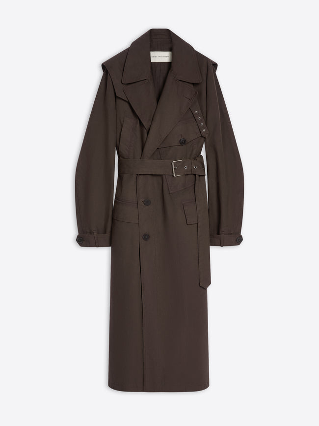 Brown, overdyed trench coat on a white background