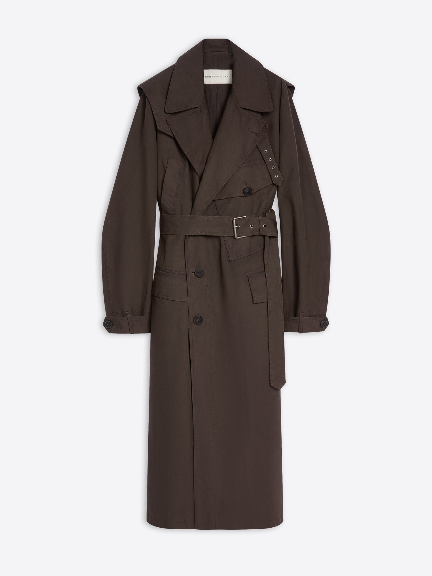 Brown, overdyed trench coat on a white background