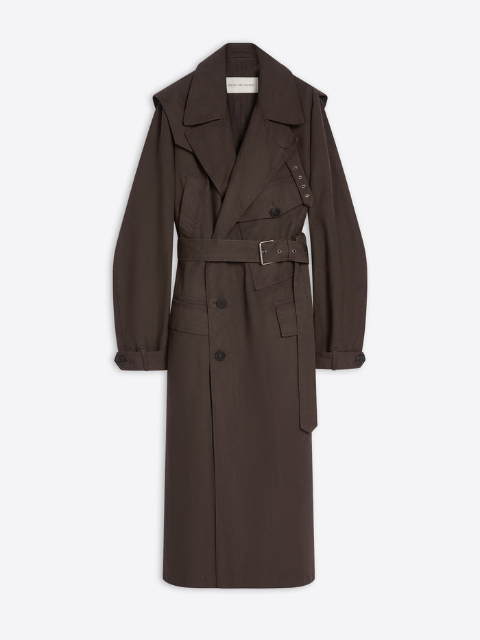 Brown, overdyed trench coat on a white background