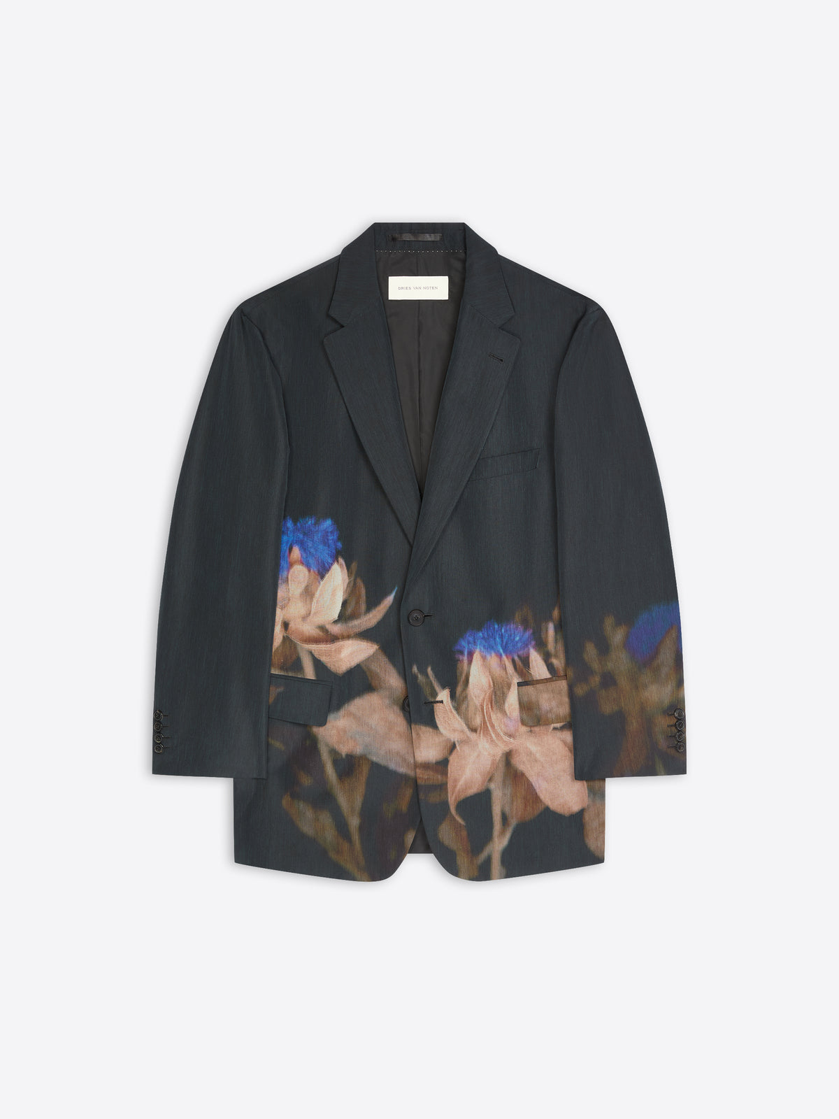 Black, loose fit blazer with floral pattern on a white background