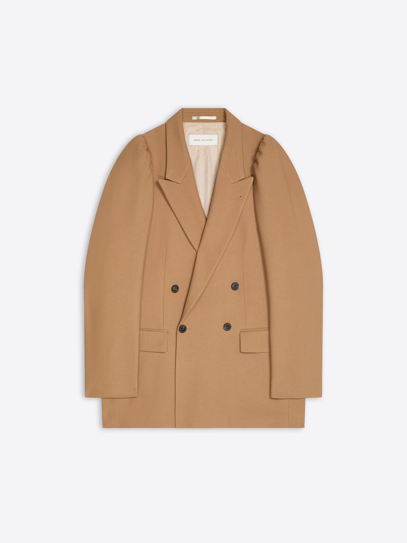 Tan double-breasted coat on a light beige background