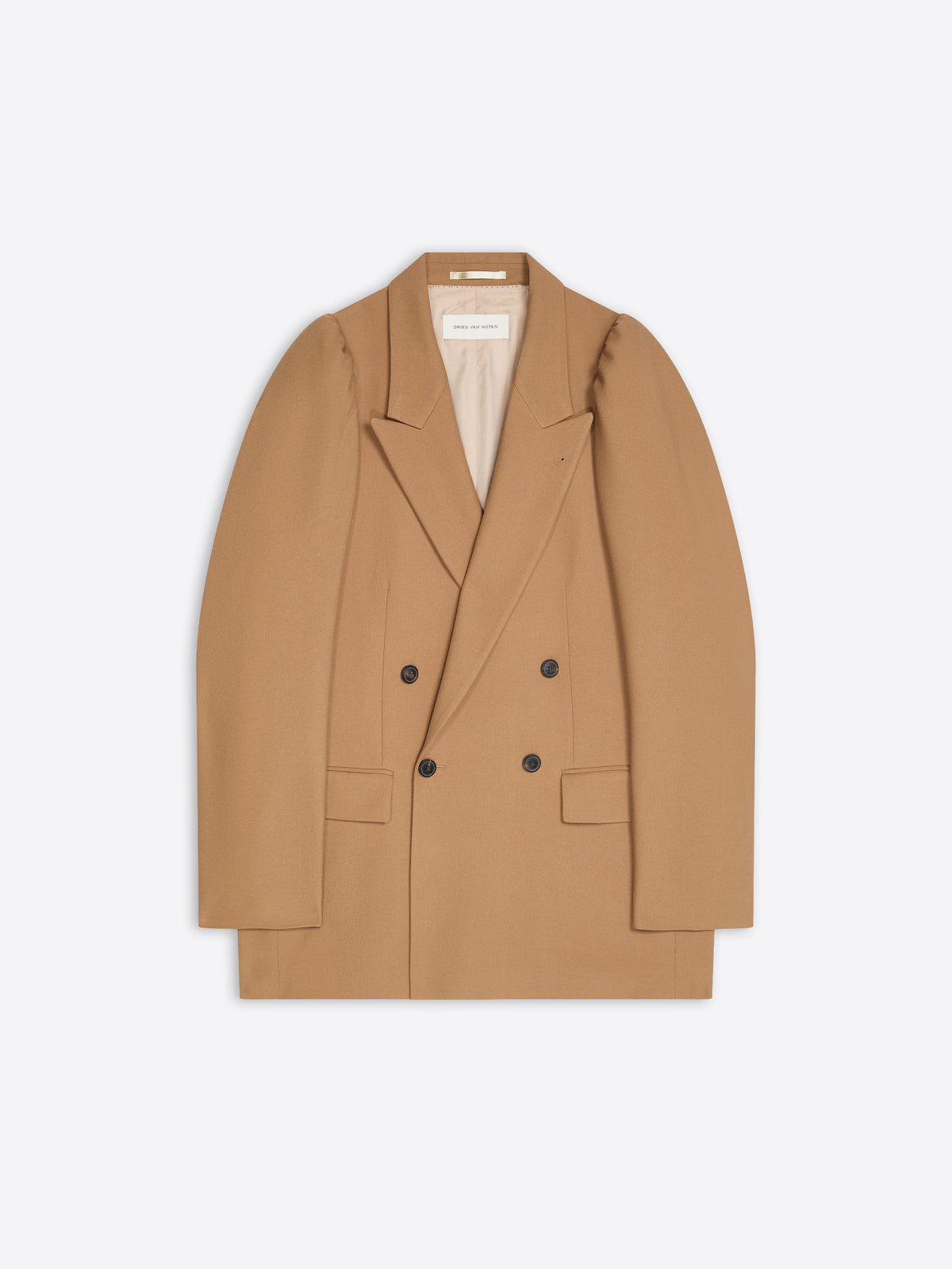 Tan double-breasted coat on a light beige background