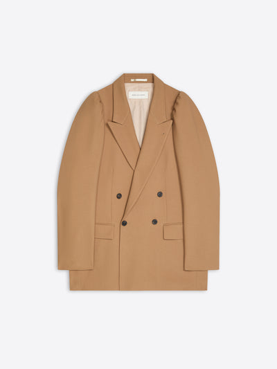 Tan double-breasted coat on a light beige background - Dries Van Noten