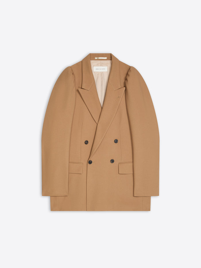 Tan double-breasted coat on a light beige background