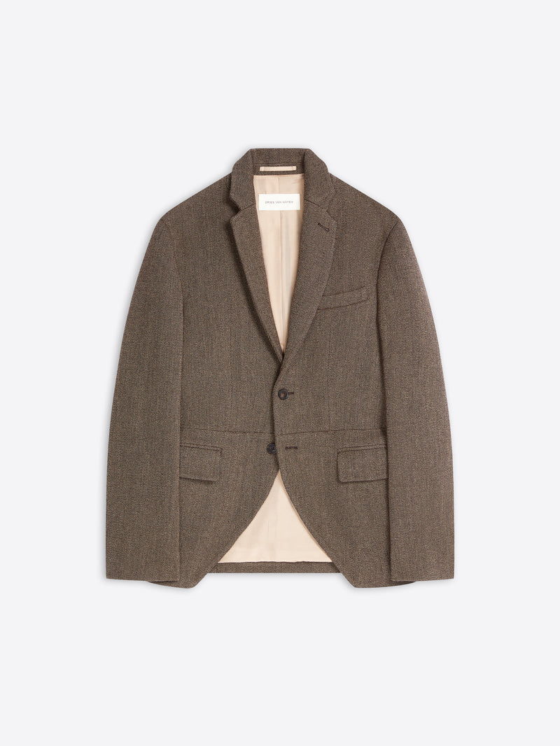 Brown cropped suit jacket on a white background