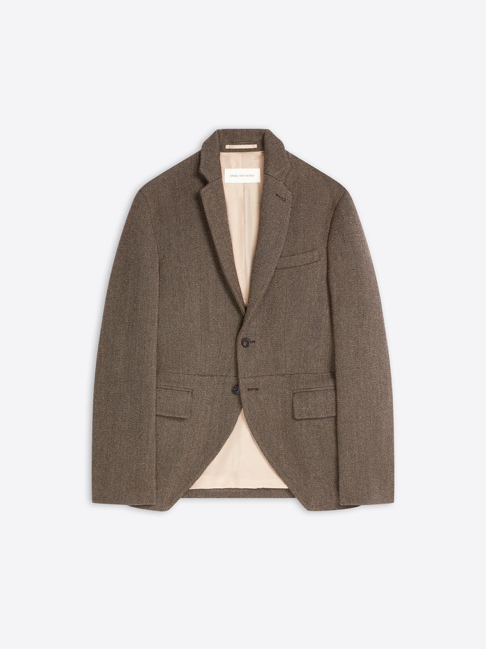 Brown cropped suit jacket on a white background