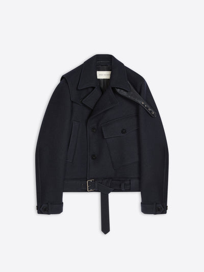 Midnight colored, short wool trench coat on a white background - Dries Van Noten