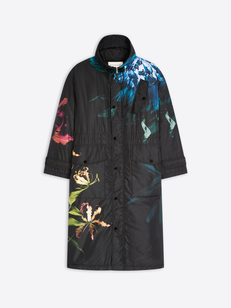 Black coat with colorful floral and abstract patterns on a white background