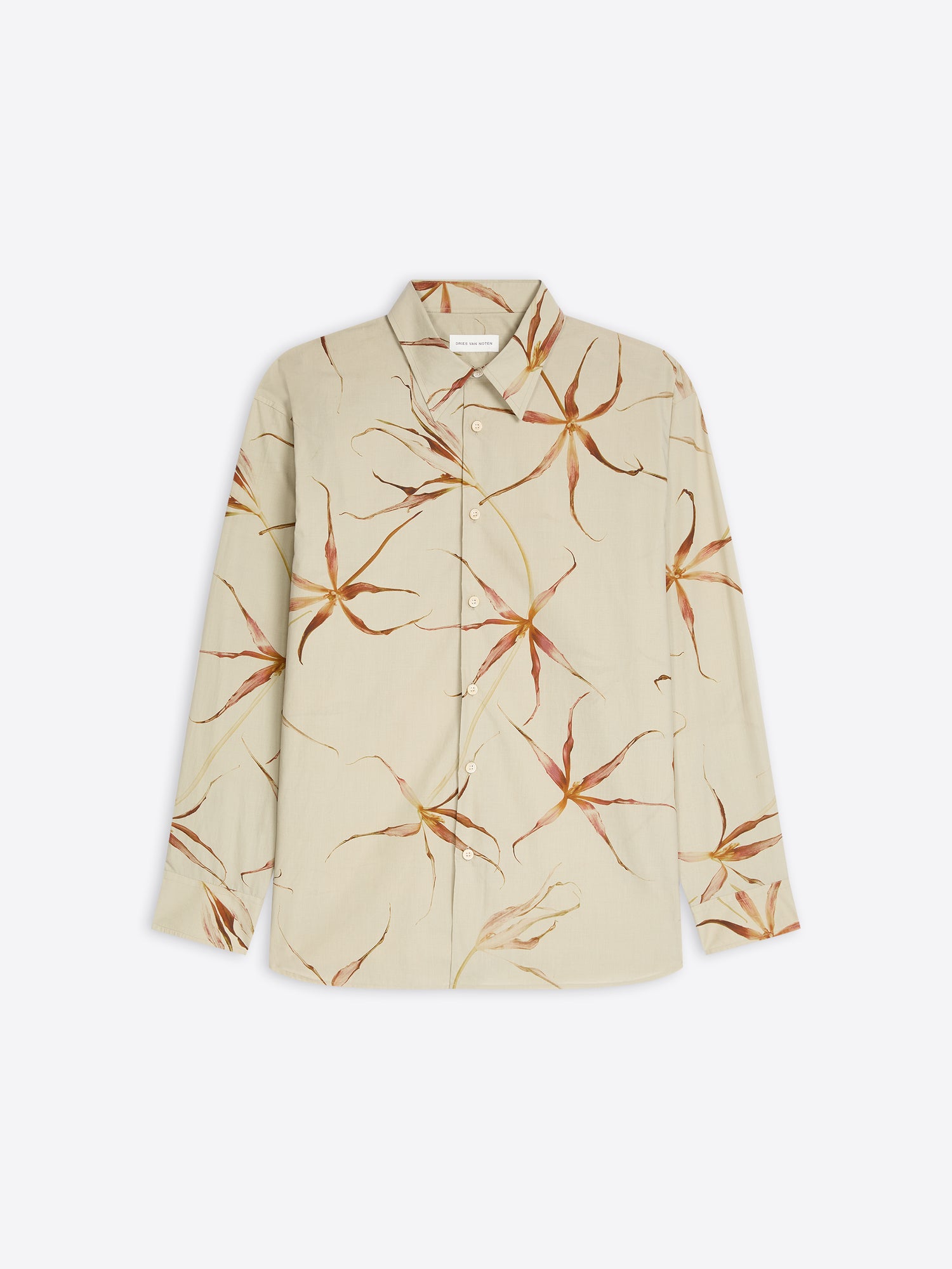 Beige, floral print loose cotton shirt on a white background