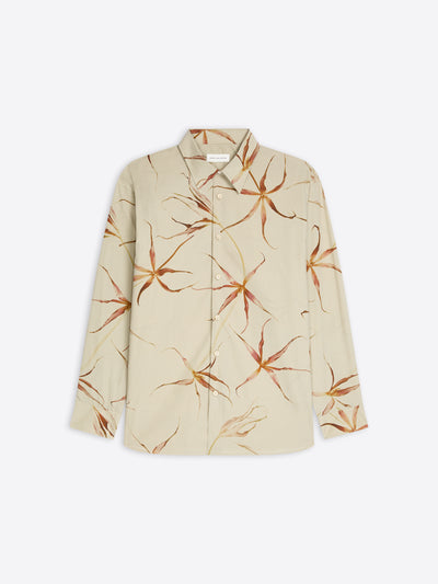 Beige, floral print loose cotton shirt on a white background - Dries Van Noten