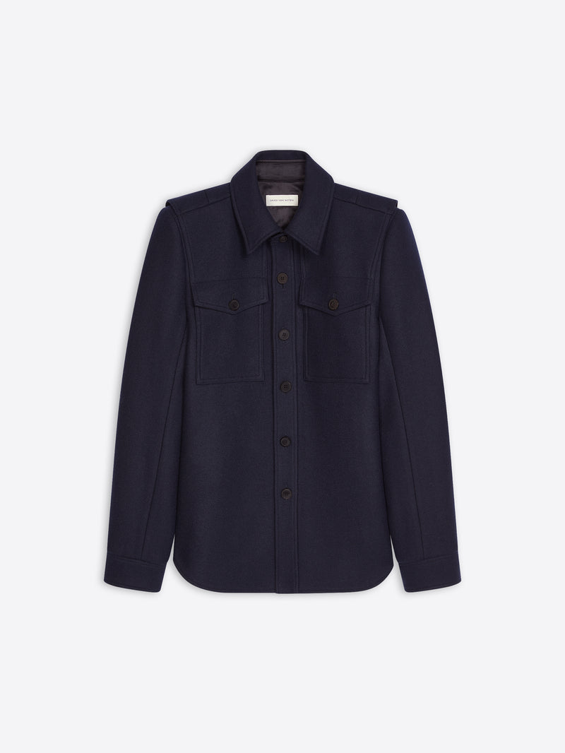 Navy blue jacket with two front pockets on a white background