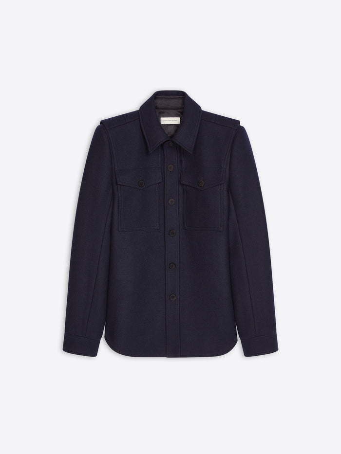 Navy blue jacket with two front pockets on a white background