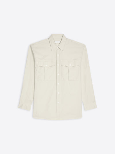 Beige colored oversized cotton shirt with chest pockets on a white background - Dries Van Noten