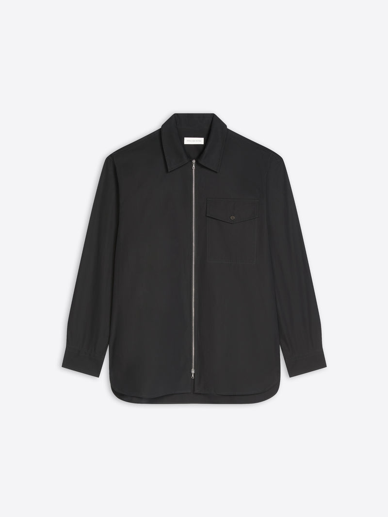 Black, cotton zipped shirt on a white background