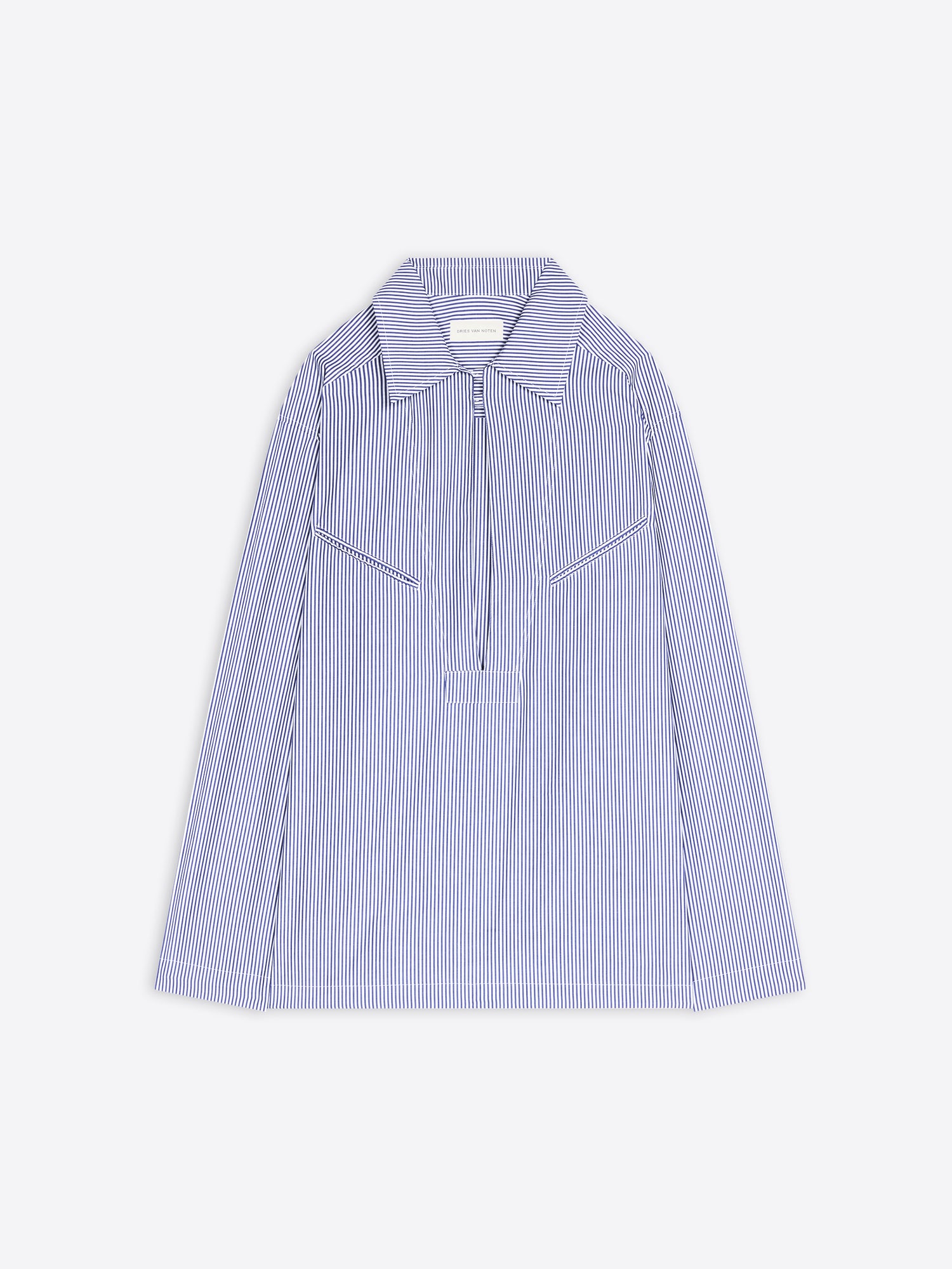 Navy and white striped popover cotton shirt on a white background - Dries Van Noten
