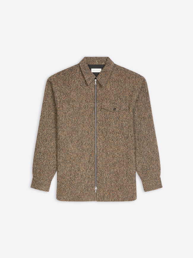 Brown textured shirt with a zipper on a white background