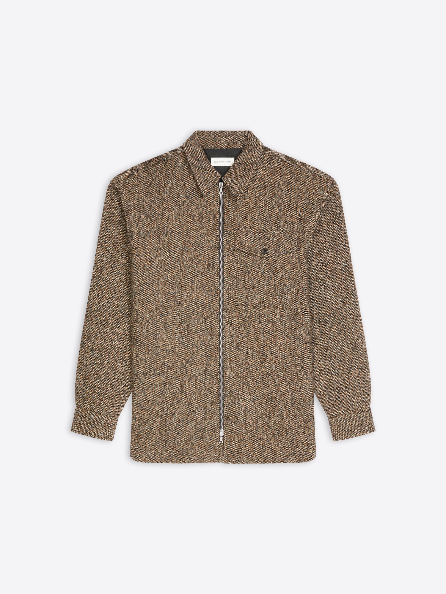 Brown textured shirt with a zipper on a white background