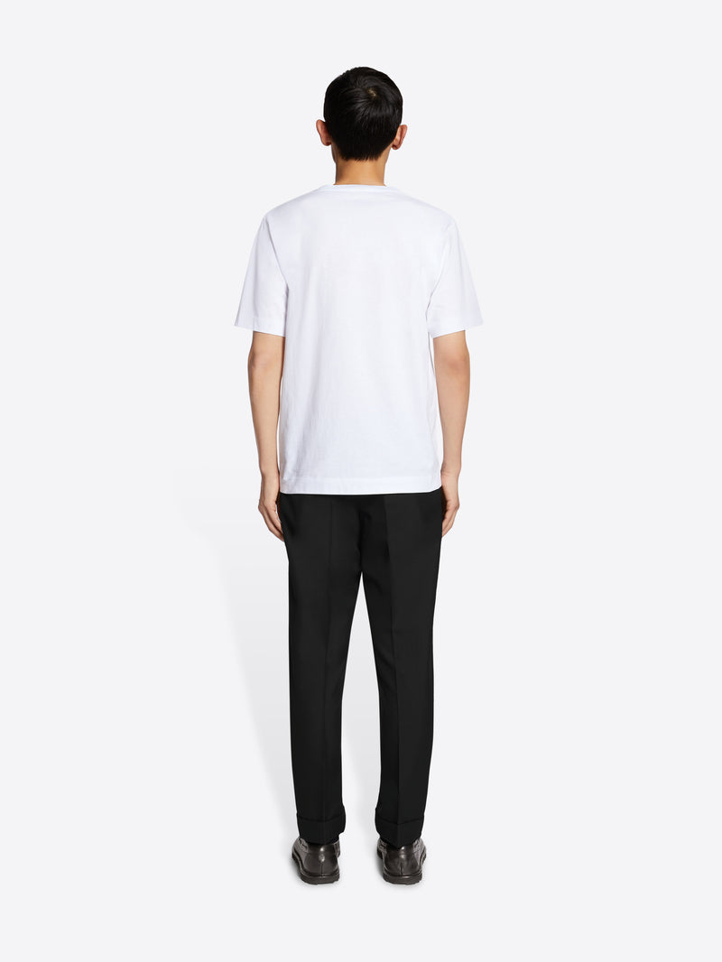 Person wearing a white t-shirt and black pants on a white background