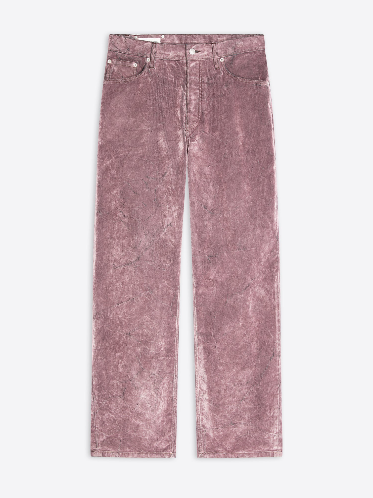 Lilac colored loose fit jeans on a white background