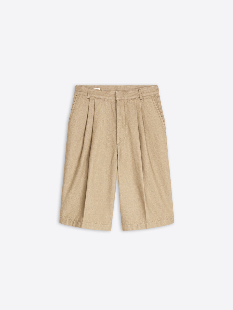 Stone colored tailored denim shorts on a white background