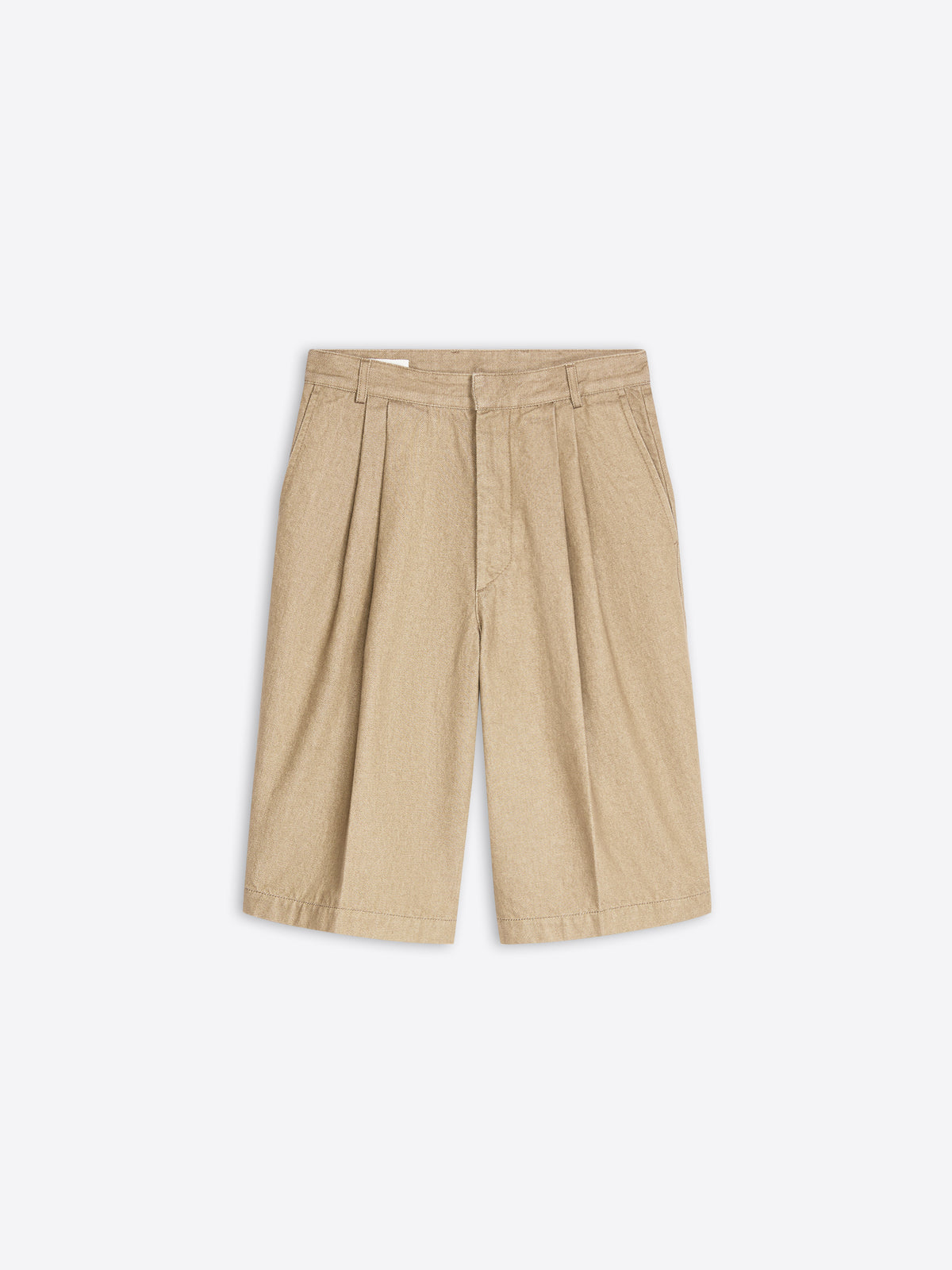 Stone colored tailored denim shorts on a white background