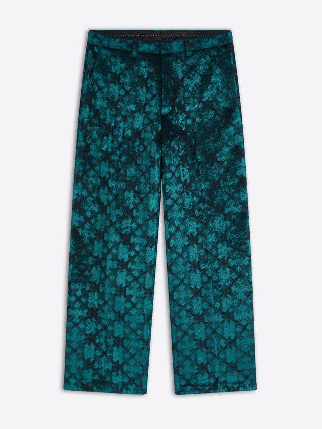 Teal patterned pants on a white background