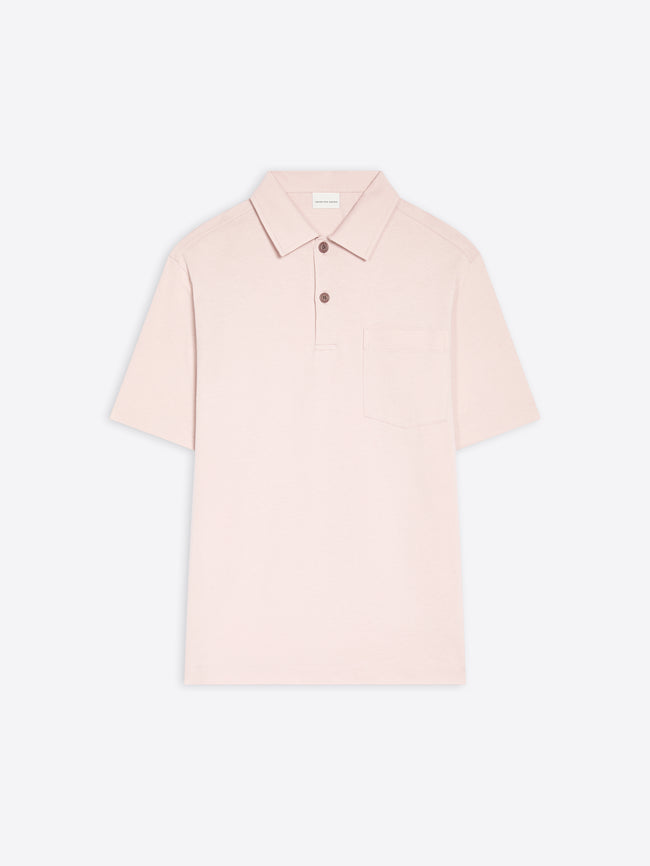 Pale pink cotton polo shirt on a white background