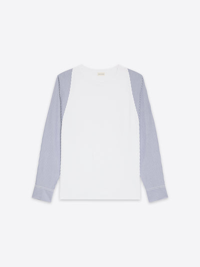 White tee with navy striped contrast sleeves on a white background - Dries Van Noten