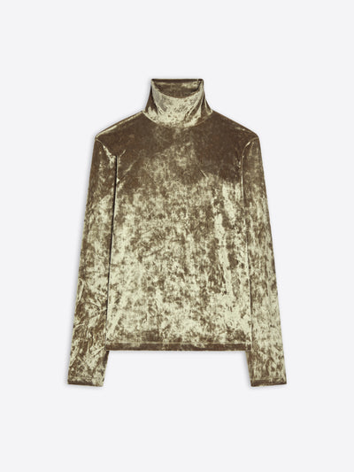 Olive colored velvet turtleneck tee on a white background - Dries Van Noten