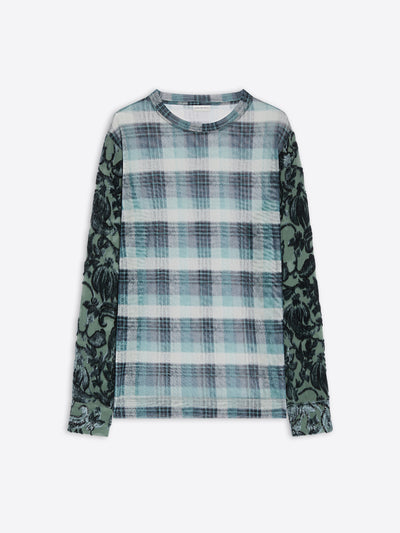 Turquoise check pattern printed mesh tee with green patterned sleeves on a white background - Dries Van Noten