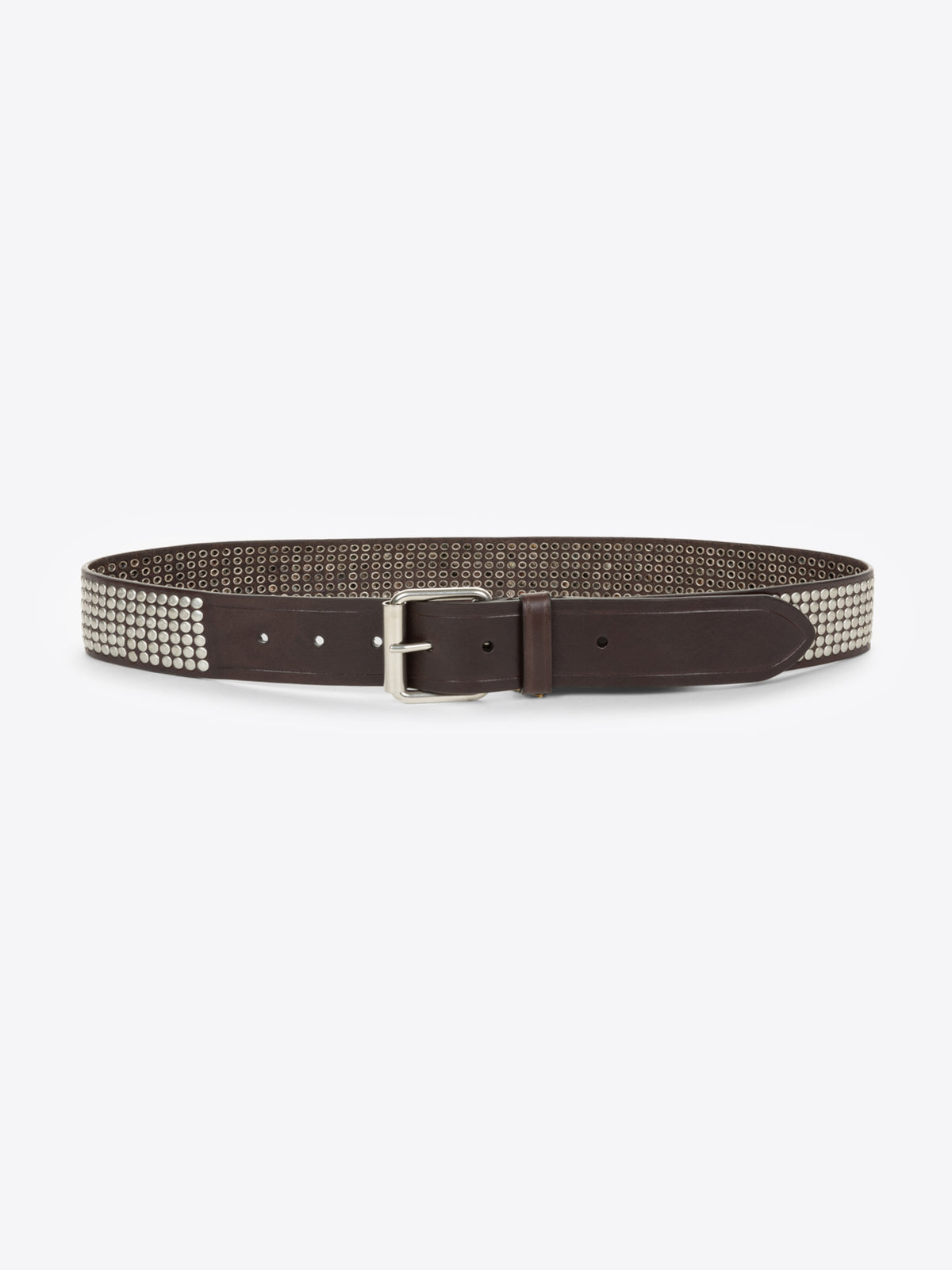 Brown belt with a silver buckle and metallic detailing on a white background