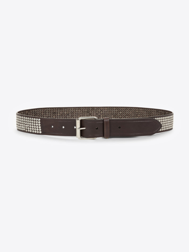 Brown belt with a silver buckle and metallic detailing on a white background