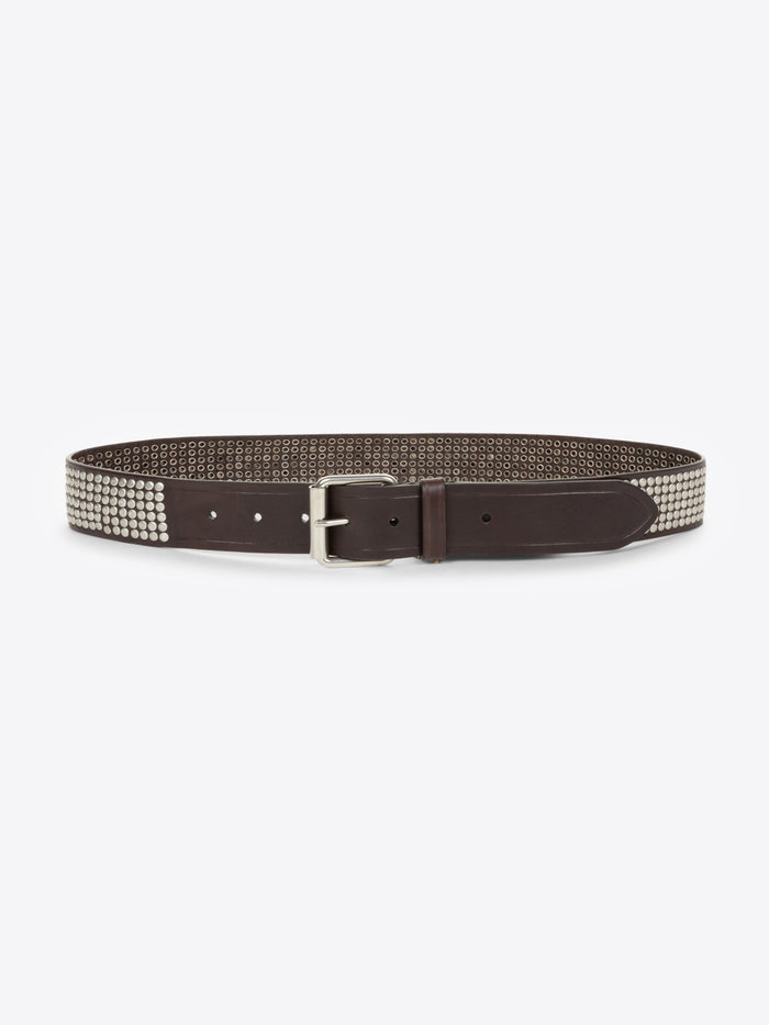 Brown belt with a silver buckle and metallic detailing on a white background
