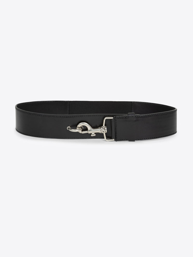 Black belt with silver buckle on a white background