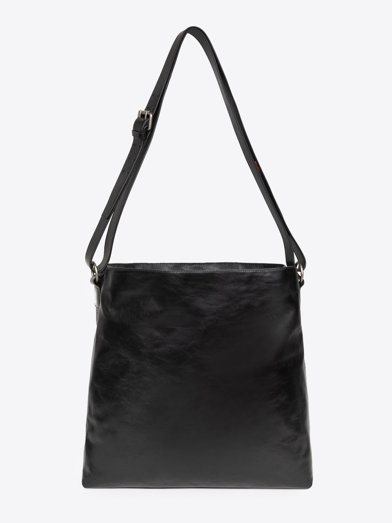 Black leather shoulder bag on a white background