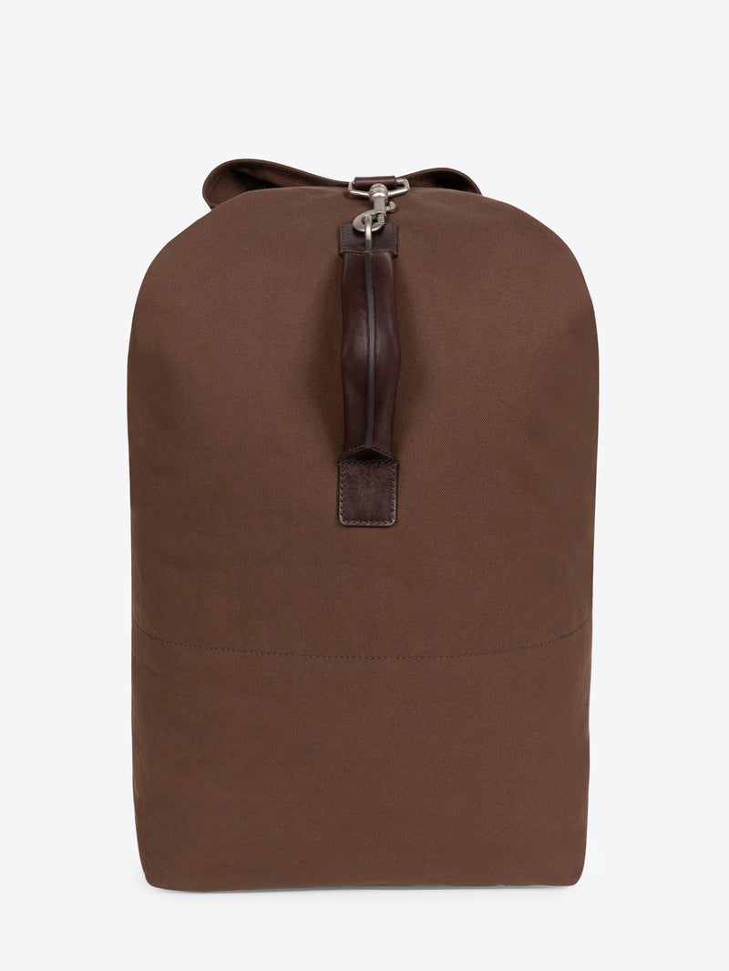 Brown duffel bag on a white background