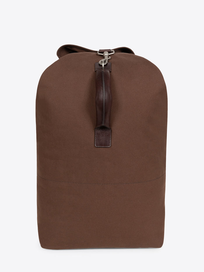 Brown duffel bag on a white background